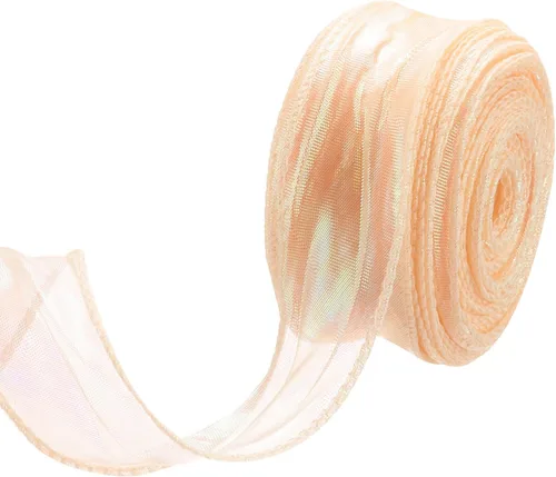 Vista 60 de MECCANIXITY - Cinta de organza con cable de 1 1/2" de ancho, brillante, transparente, con brillo irisado en tonos pastel, cinta de gasa para Beige