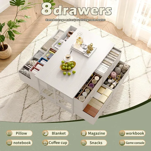 Vista 4 de EnHomee - Mesa de café con almacenamiento, mesas de café modernas para sala de estar con 4 ruedas, mesa central con cajón de tela y gran espacio