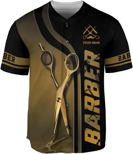 Vista 2 de Camiseta de béisbol personalizada con nombre personalizado para peluquería 3D para hombres y mujeres, peluquería, regalo, tijeras, camisas de poste