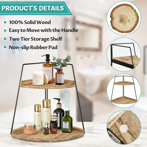 Vista 5 de Organizador de encimera de baño de 2 niveles, organizador de baño de madera, estante de almacenamiento de esquina para mostrador, decoración