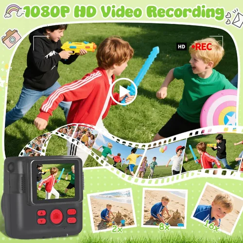 Vista 3 de Cámara para niños con impresión instantánea, cámara segura para niños pequeños, pantalla de 2.4 pulgadas, 1080P con zoom 16X, tarjeta TF de 32GB
