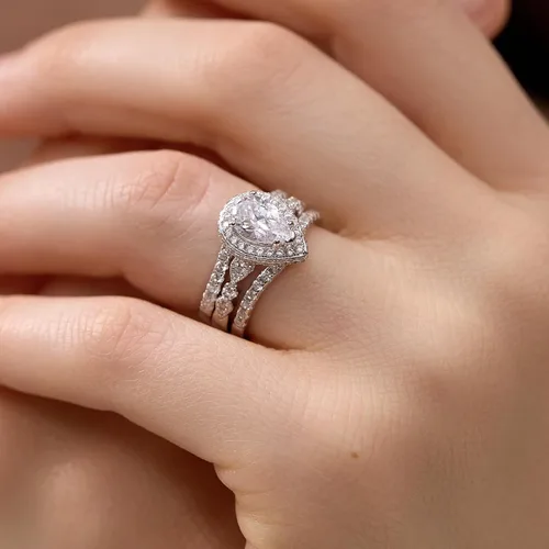Vista 8 de Newshe Jewellery Juego de anillos de boda para él y ella, anillos de promesa AAAAA para parejas, mujeres, hombres, banda en forma de pera, talla 5-13