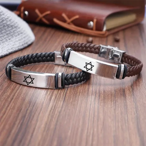 Vista 3 de ForeverWill Pulsera judía de estrella de David religiosa Jerusalén Mogen David Star Pulsera de cuero para mujeres y hombres, judaica, hebreo