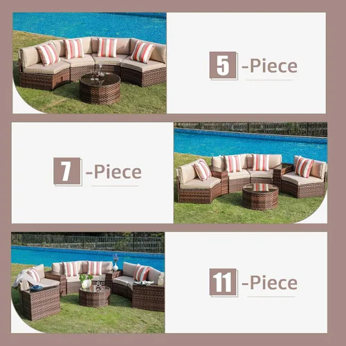 Vista 6 de SUNSITT Juego de 2 muebles de patio de media luna para exteriores, sofá de mimbre curvado, con cojines beige Marrón