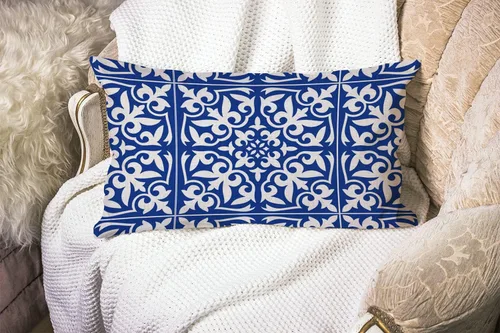 Vista 2 de Smooffly Funda de almohada marroquí con diseño floral tradicional azul cobalto, cintura lumbar, algodón y lino, funda de cojín para sofá, decoración