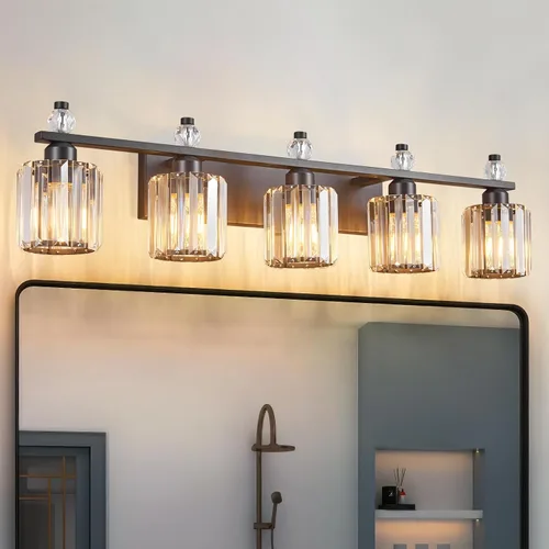 Vista 37 de Luces de Tocador de Baño de 3 Luces, Placado Negro, Modernas Luces de Tocador de Cristal para Baño, Luces de Tocador de Cristal para Usar Sobre