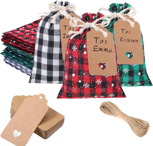 Vista 12 de Shappy 24 bolsas de Navidad con cordón, bolsas de arpillera a cuadros de Navidad, bolsas de lino con cuerda de 32.8 pies, 24 tarjetas