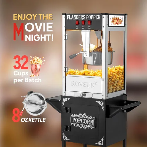 Vista 2 de Máquina de palomitas de maíz ROVSUN con carrito, ruedas y hervidor de 8 onzas, hace hasta 32 tazas, máquina de palomitas con cuchara para palomitas