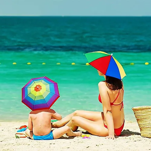 Vista 8 de Sombrero de paraguas para adultos y niños, protección contra la lluvia y el sol manos libres, diseño colorido de arco iris para pesca, senderismo