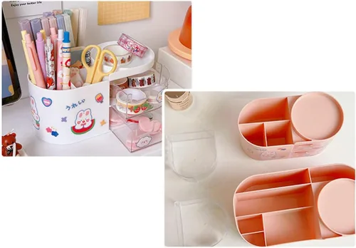Vista 4 de Organizador de escritorio Kawaii con cajones para adolescentes y niñas, lindo organizador de escritorio Kawaii con calcomanías, suministros Rosa