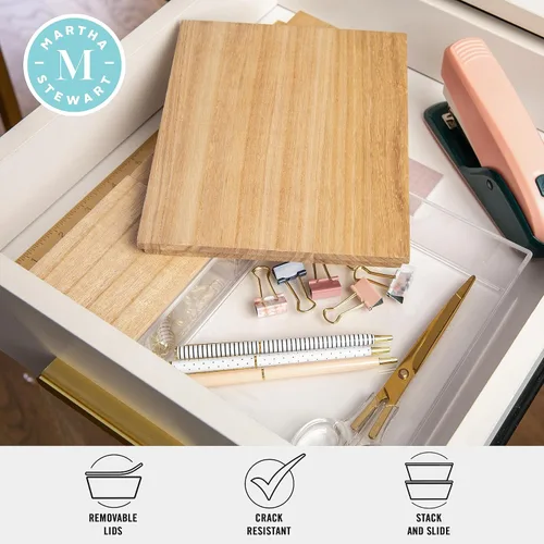 Vista 3 de Martha Stewart Brody - Contenedores organizadores de plástico con tapas de madera de paulownia para oficina en casa, cocina o baño, paquete de 3