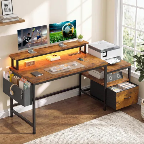 Vista 13 de EnHomee Escritorio para computadora de 57 pulgadas con cajones y espacio para impresora, escritorio de oficina con tomas de corriente, escritorios