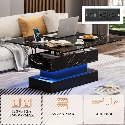 Vista 3 de SYESWAY Mesa de Centro Elevable de 39.4" con Estación de Carga, Mesa de Centro Multifuncional 4 en 1 con Almacenamiento y Compartimentos Ocultos
