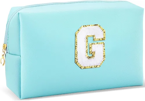 Vista 21 de URSKYTOUS Regalos para niñas, bolsa de maquillaje con inicial, bolsa de cosméticos personalizada con cremallera, bonita bolsa de aseo de viaje, Azul