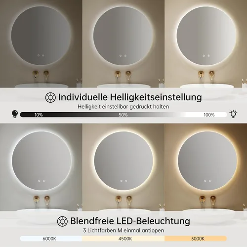 Vista 5 de Bathroom Mirror with Lighting, 50 x 50 cm, Round LED Bathroom Mirror with Anti-Fog, Dimmable, 3 Light Colours, Adjustable, Shatterproof Bathroom