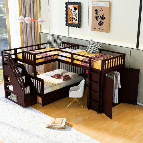 Vista 12 de Twin Size L-Shaped Gaming Loft Bed with Dual Built-in Desks，Black+Blue-P
