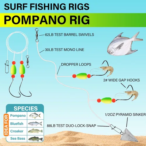 Vista 2 de Alwonder Paquete de 5 aparejos Pompano para pesca en surf con flotadores Snell, aparejos de pesca en agua salada con cebo vivo, bisagras giratorias