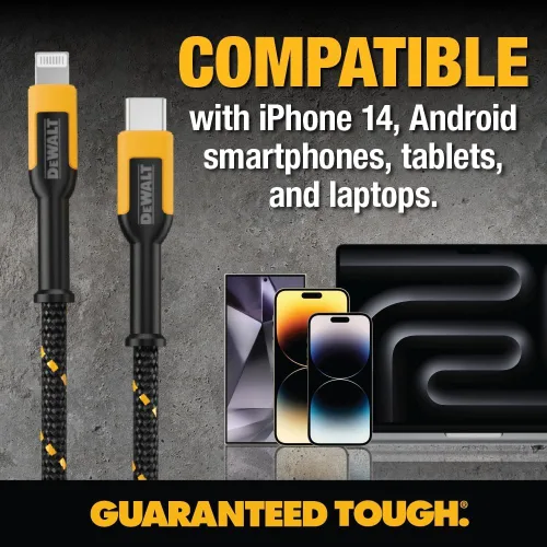 Vista 8 de DEWALT Cable USB a Lightning de alta resistencia [certificado Apple MFi] cargador duradero para iPhone, cables Lightning, cable de carga rápida