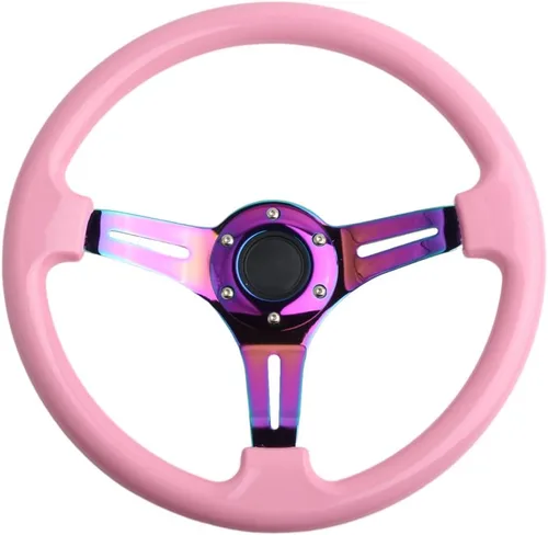 Vista 13 de Volante de Carreras de Coche de 6 Pernos Marco de Radios Neo Cromado Arcoíris Volante Universal de Posventa Compatible con Coche y Juego de Negro