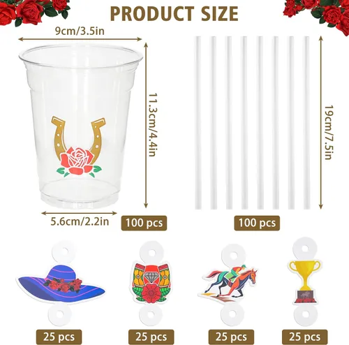 Vista 2 de MUOUAKATE Copas Derby desechables de plástico a granel, paquete de 100 vasos de 12 onzas Derby Clear Julep con pajitas de plástico y tarjetas