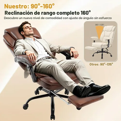 Vista 4 de Silla de escritorio reclinable de piel de 400 libras con reposapiés A marrón.
