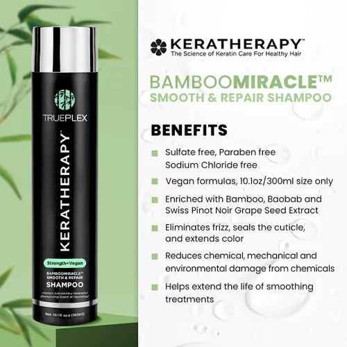 Vista 2 de KERATHERAPY Bamboo Miracle Smooth & Repair Champú, 10.1 onzas, 10.1 fl oz – Fórmula limpiadora vegana para cabello dañado y encrespado – Hidratante
