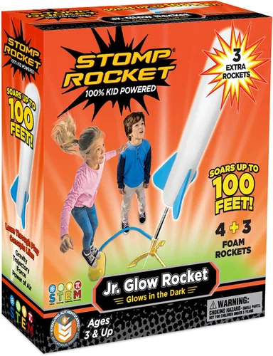 Vista 9 de Stomp Rocket Jr Lanzacohetes de luz para niños - 4 cohetes que brillan en la oscuridad - Juguete divertido para exteriores, regalo para niños