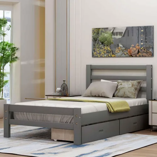 Vista 7 de Base de cama con 2 cajones, base de cama moderna de plataforma de madera con cabecero para niños, adolescentes y adultos, base de colchón Camas, sin