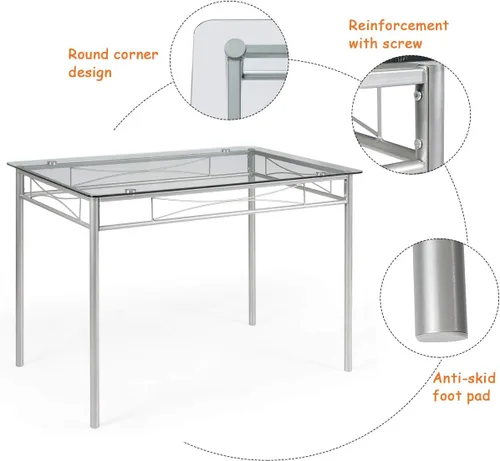Vista 4 de Juego de mesa de comedor moderno para 4, juego de mesa de comedor con mesa de cristal, marco de metal y asiento de madera, mesa de cocina de 5