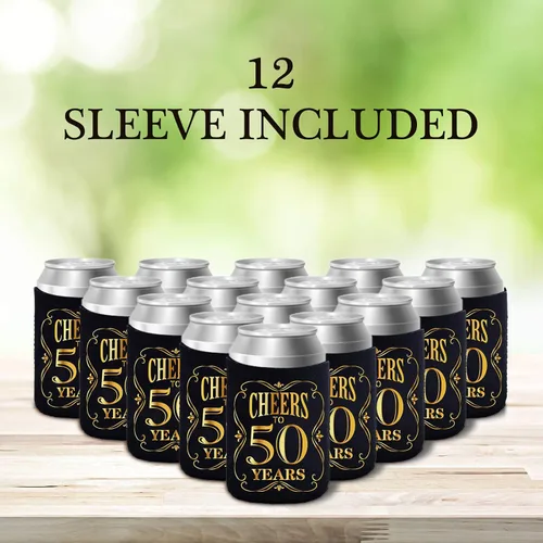 Vista 5 de JOELELI Decoraciones para fiestas de cumpleaños número 50, fundas de neopreno para latas de cerveza, decoraciones de 50 aniversario y regalo
