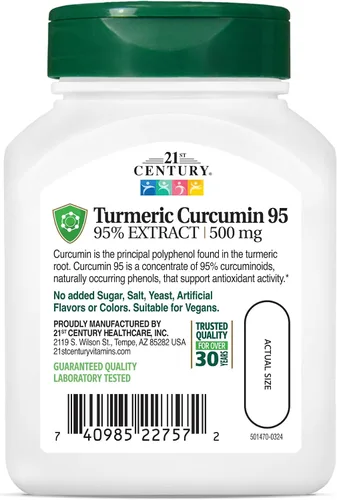Vista 5 de 21st Century Curcumina 95 suplementos herbarios, 45 unidades (22757) Curcumin 95 with Turmeric Extract 500 mg Standardized to 95 Percent