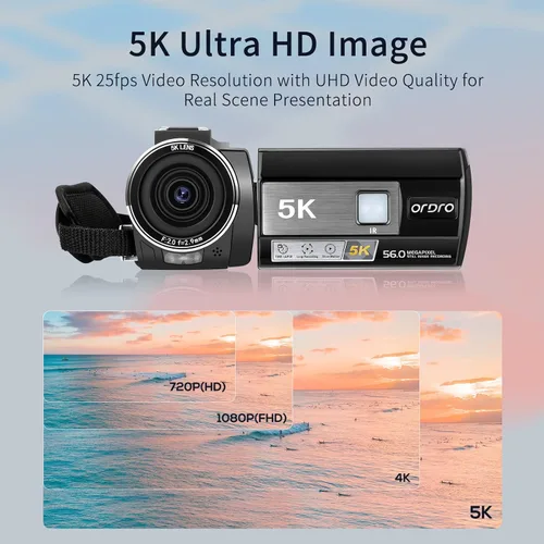 Vista 2 de ORDRO Videocámara 5K, videocámara de visión nocturna para viajes YouTube, cámara de video digital con gran angular de 95°, modo WDR, estabilizador