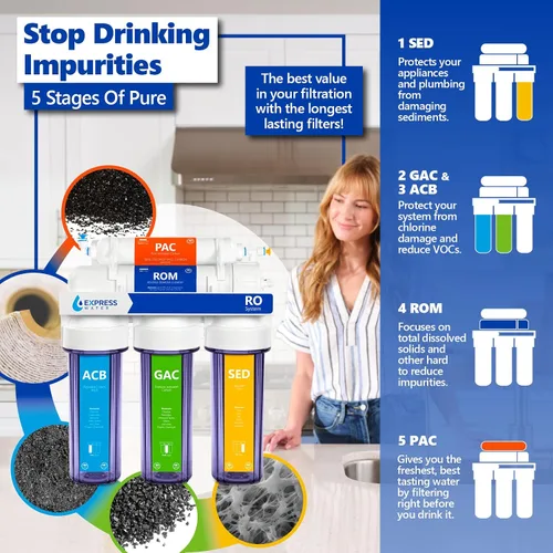 Vista 3 de Express Water Sistema de filtración de agua de ósmosis inversa Sistema de filtro de agua RO de 5 etapas con grifo y tanque Filtro de agua debajo
