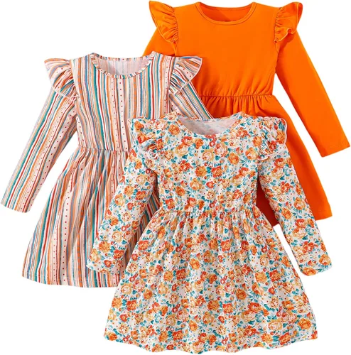 Vista 36 de Vestidos para niñas Vestidos para niñas pequeñas Paquete de 3 Vestido casual de fiesta con estampado patinador acampanado tipo A Vestido de verano