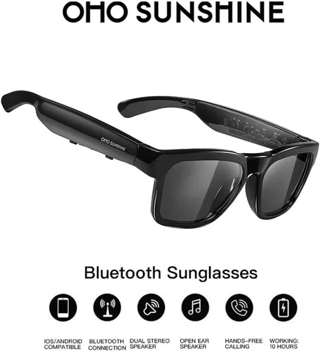 Vista 6 de OhO gafas inteligentes, gafas de sol polarizadas con altavoz Bluetooth, protección UV para atletismo/aire libre y control de voz, unisex (lente gris)