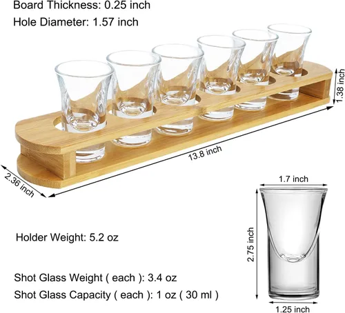 Vista 2 de D&Z Vasos de chupito de 1 oz con soporte, juego de vasos de chupito en bandeja de madera de bambú, 6 vasos de chupito de base pesada para whisky