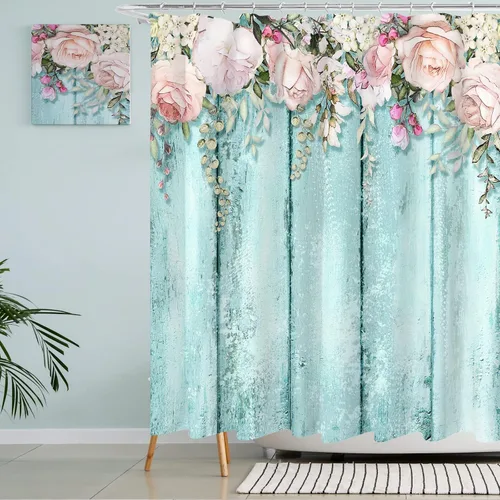 Vista 11 de Tititex Juegos de Cortinas de Ducha de Rosas Lilas Rosadas con Flores, Pétalos Florecientes Ruborizados que Caen, Decorativo de Baño 70x70 Pulgadas