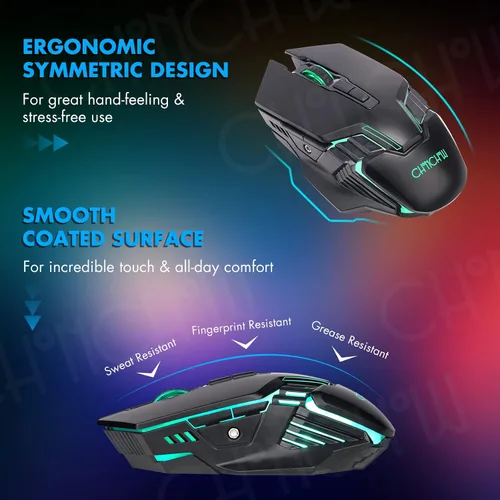 Vista 7 de CHONCHOW Combo de teclado y mouse inalámbricos para juegos, teclado recargable de 87 teclas con luz LED, mouse ergonómico inalámbrico