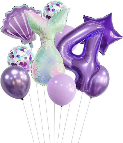 Vista 11 de 7 globos de sirena con números para fiesta de cumpleaños de 1, 2, 3, suministros de decoración de cola de sirena para niñas (número 0)