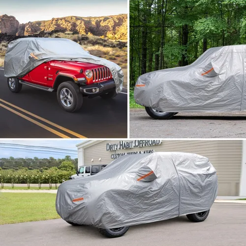 Vista 6 de SEAZEN - Funda de coche para Jeep Wrangler de 6 capas, impermeable para todo tipo de clima, funda resistente para 4 puertas Wrangler CJ, YJ, TJ
