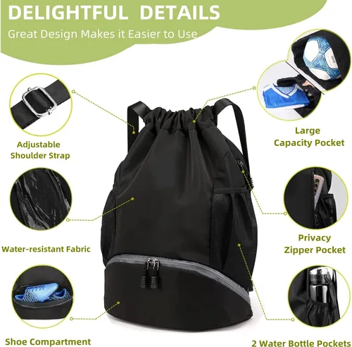 Vista 5 de Bolsas de fútbol, mochila impermeable con cordón para gimnasio, para béisbol, rugby, voleibol, yoga, bolsa deportiva de gran capacidad
