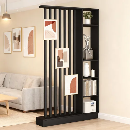 Vista 10 de Divisor de habitación de pared, estante divisor de madera independiente con estantes, pantalla separadora de pantalla divisora con almacenamiento