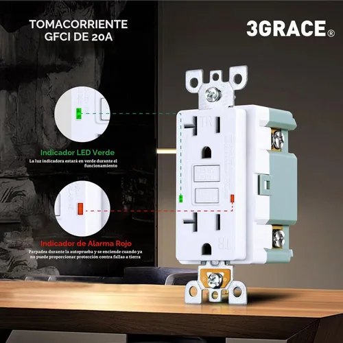 Vista 4 de 3GRACE Tomacorriente GFCI de 20 Amperios, Receptáculo GFI Resistente a Manipulaciones con Indicador LED, Interruptor de Circuito de Falla a Tierra
