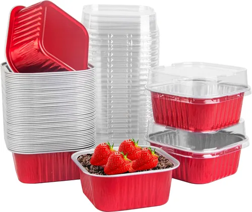 Vista 13 de 50 Pcs Mini Square Baking Cups with Lids,5oz Aluminum Foil Mini Cake Pans with Lids,Disposable Ramekins Cake Pans,150ml Dessert Cups Cupcake Pans