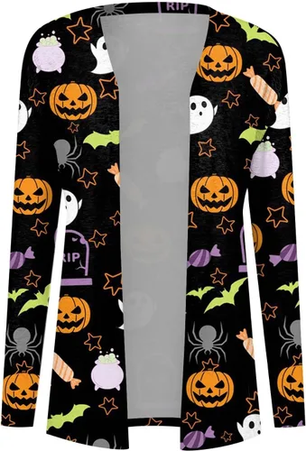 Vista 5 de Disfraces de Halloween para mujer, cárdigan de punto con estampado de calabaza, otoño, manga larga, suéteres de talla grande, abrigo para exteriores