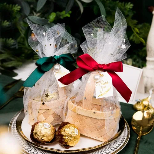 Vista 2 de Mini cesta de regalo tejida a mano de bambú, cajas de dulces, caja de embalaje de chocolate, perfecta para baby showers, cumpleaños, recuerdos