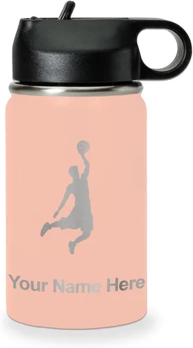 Vista 47 de LaserGram Botella de Agua Personalizada, Basketball Slam Dunk Man, Acero Inoxidable de Doble Pared con Aislamiento al Vacío con Pajita Abatible