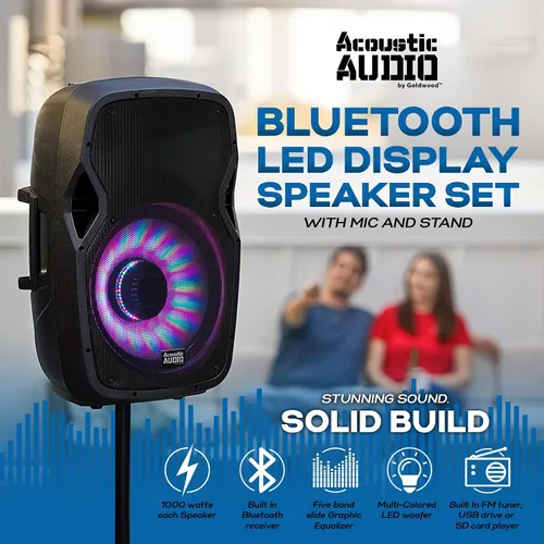 Vista 4 de Acoustic Audio by Goldwood 1000W Altavoz Bluetooth con LED intermitente, gran sistema de sonido PA enchufable con soporte, micrófono y control