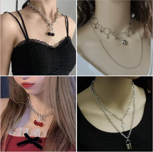 Vista 4 de Juego de 8 collares de cadena en tono plateado y dorado para mujeres, adolescentes y niñas y niños, collar colgante en capas con diseño multicolor