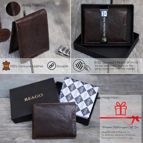 Vista 4 de REAGO Cartera de bloqueo RFID de cuero genuino para hombres con ventana de identificación doble